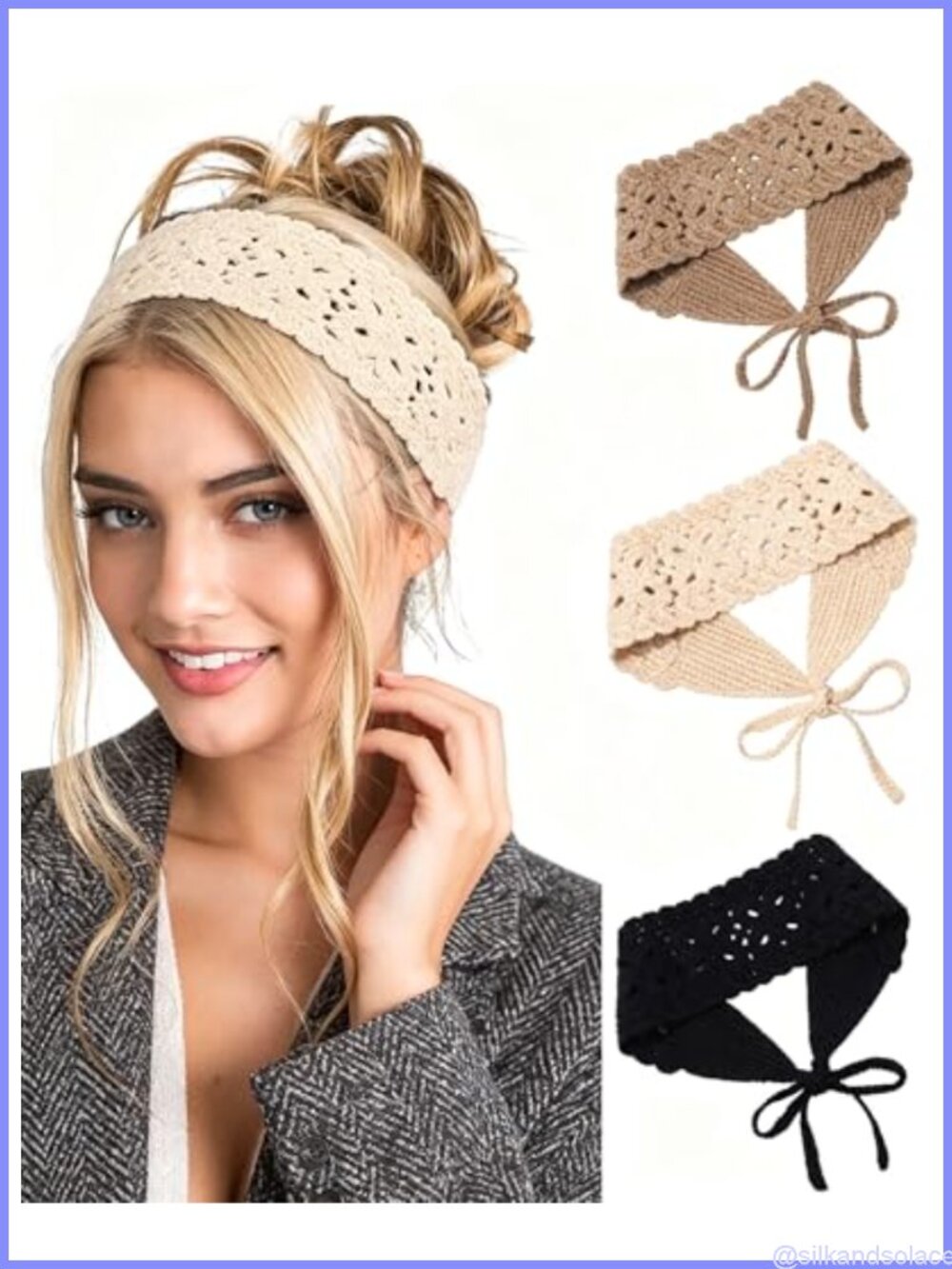 3 Pack Boho Knit Crochet Headbands Adjustable Tie-Up Head Wraps for Women